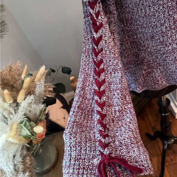 LU ♥ NYC Burgundy Lavender Lace-Up Sleeve Sweater Small | Off Shoulder Cozy Knit - Picture 3 of 12